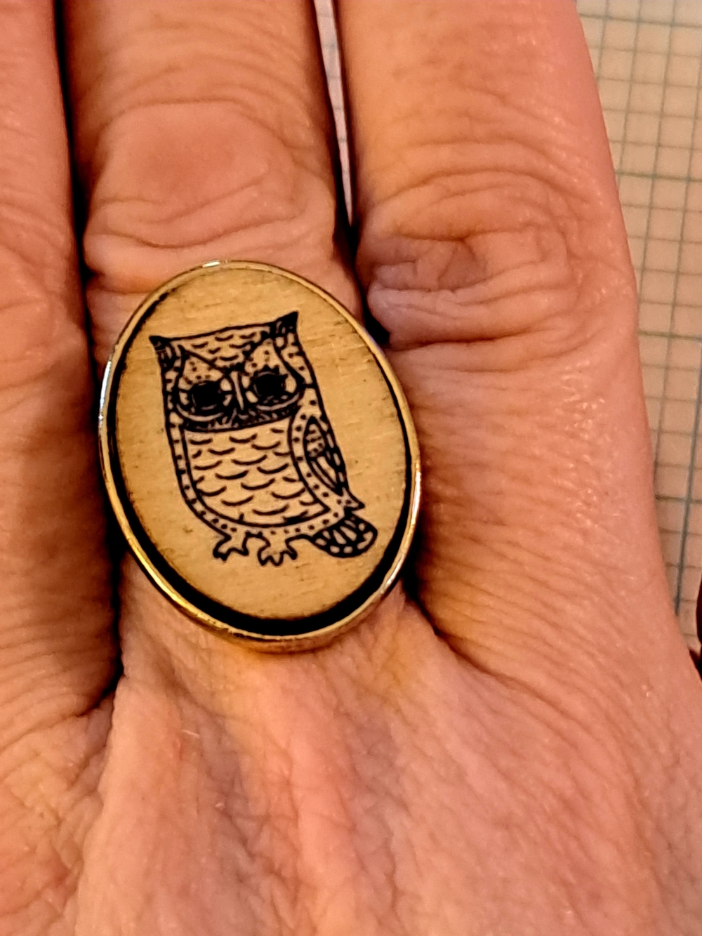 Owl Engraved Oval Wood & Gold Tone Ring - Beige and Gold